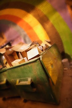 Cardboard boxes in dumpster against colorful wall