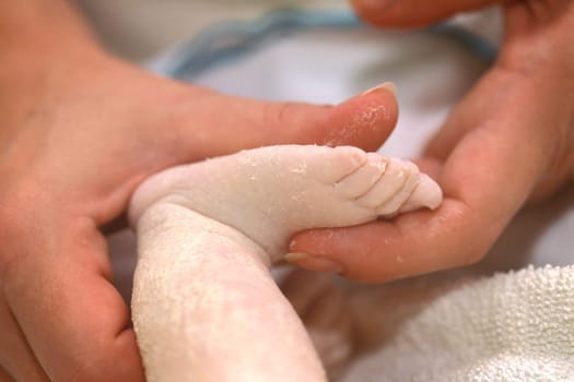 Newborn foot with mom