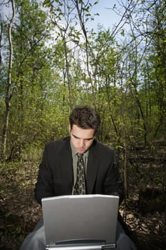 Working on a pc in a woodland glade