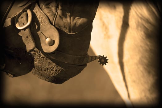 A close-up of a cowboy boot heel and spur