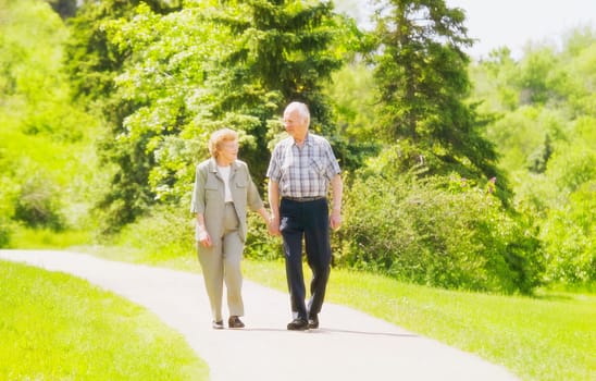 A senior couple taking a stroll