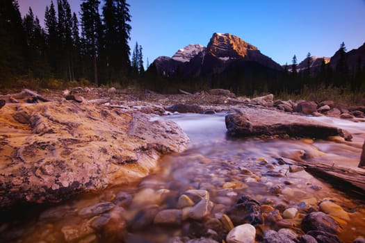 A stream with mountains in the background