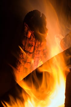 Closeup of a log burning in fire