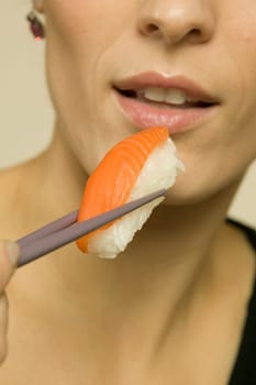 Woman eating seafood