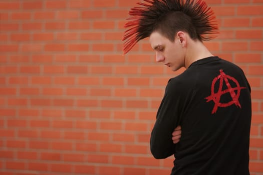 Young man with mohawk and anarchy symbol on clothing