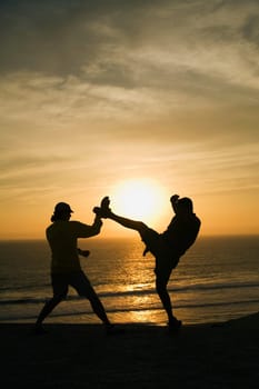 Two men fighting on a beach