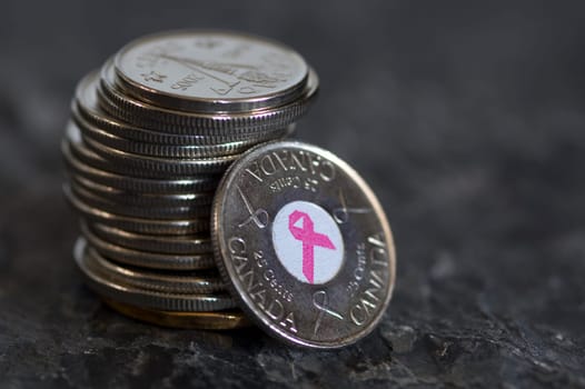 Canadian coins with breast cancer ribbon