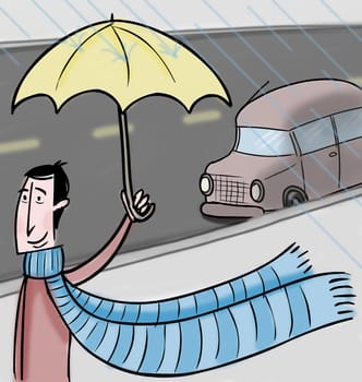 Man walking in rain
