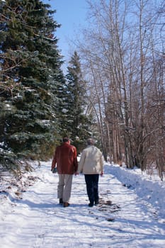 Senior couple walking in the snow