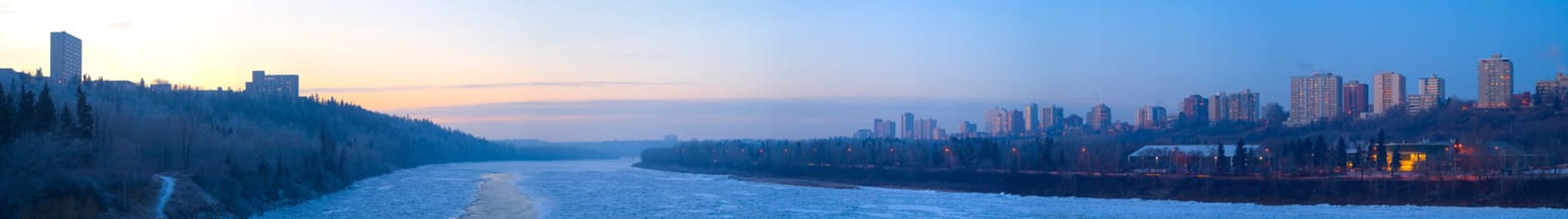 Panoramic of river in winter ice, Edmonton, Alberta