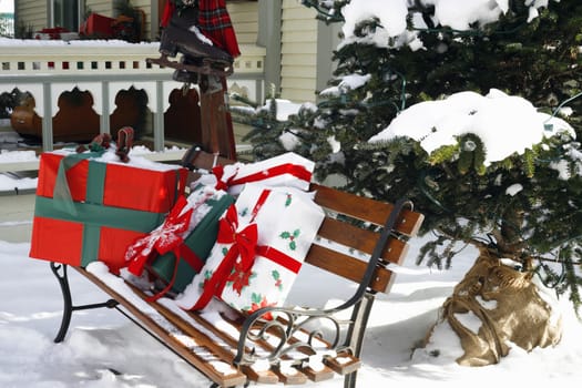Christmas gifts on a park bench