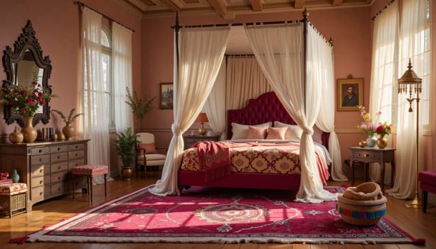 A large bed with a canopy and a red rug. The room is decorated in a pink color scheme