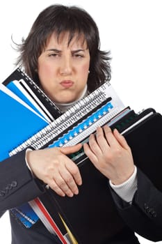 Busy business woman carrying stacked files