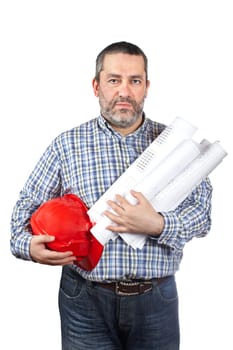 Construction worker holding blueprints