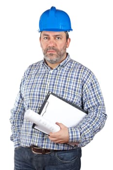 Construction worker holding blueprints