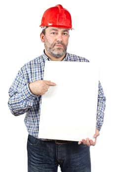 Construction worker showing a placard