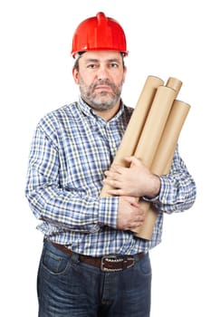 Construction worker holding cardboard tubes