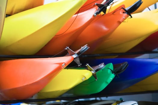 Brightly colored kayaks