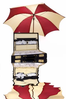 Suitcase full of money with umbrella above