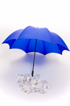 Umbrella covering piles of money