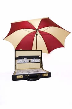 Suitcase full of money with umbrella