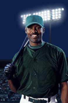 Baseball player with bat on shoulder