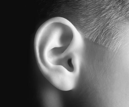 Young person's ear in black and white