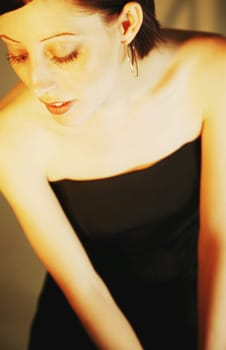 Woman wearing strapless dress