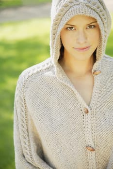 Woman wearing a knit hood