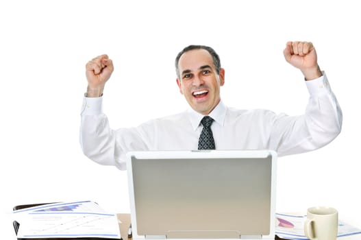 Businessman at his desk on white backgro
