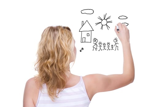 Young woman paints stick figure picture