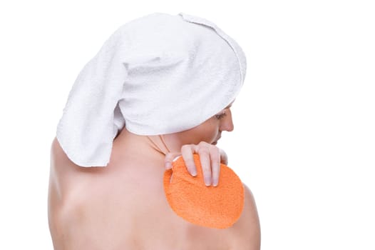 Young woman with washing sponge