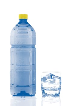 Bottle and glass of mineral water with droplets