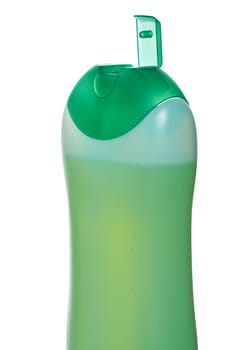 Opened plastic bottle with soap or shampoo