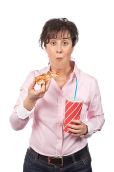 Casual woman eating pizza