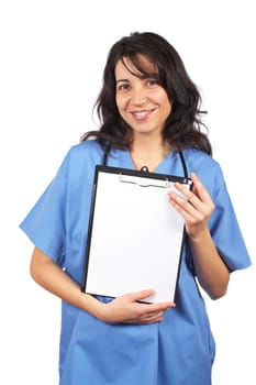 Female doctor showing a blank clipboard