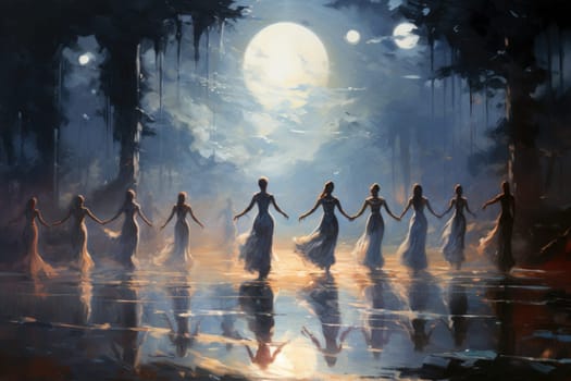 In the realm of fantasy, graceful moonlit dancers captivate with their ethereal movements, perfectly synchronized with the celestial rhythms.