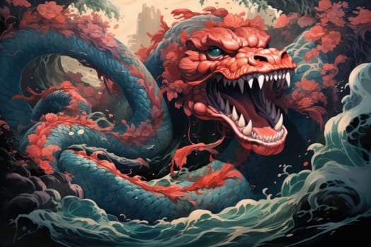 Dive into a fantastical realm where gigantic sea serpents, with their immense coils, slither through treacherous waters.