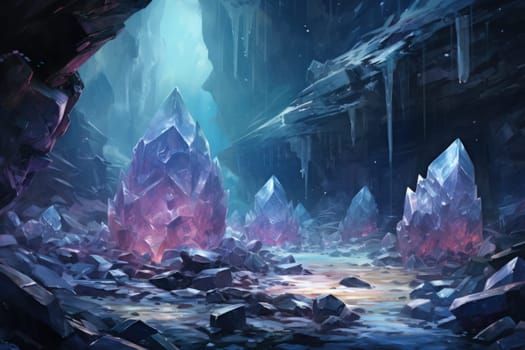 Deep within the realms of fantasy, mysterious icy caves hold untold treasures, guarded by glistening crystal golems.