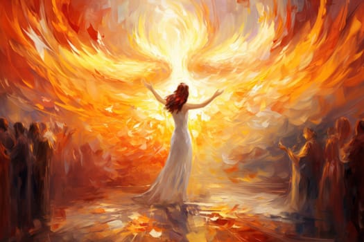 Within the realm of fantasy, elegant phoenix dancers grace the stage, their mesmerizing performances engulfed in flames.