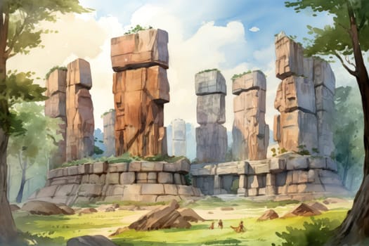 Behold the majestic marvels of the past - ancient stone colossi, towering giants hewn from the very bedrock itself.