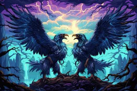 In the realm of fantasy, the skies are home to ferocious thunder hawks, majestic creatures that command the elements.