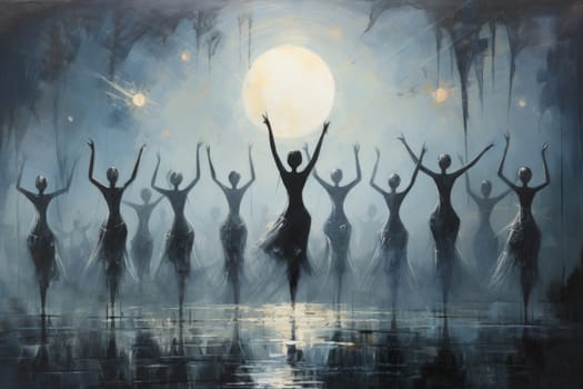 In the realm of fantasy, graceful moonlit dancers captivate with their ethereal movements, perfectly synchronized with the celestial rhythms.