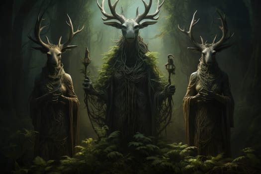 Deep within the mystical woodland realms of fantasy, ancient forest spirits stand as silent sentinels, their ethereal presence a testament to the wisdom and magic of the natural world.