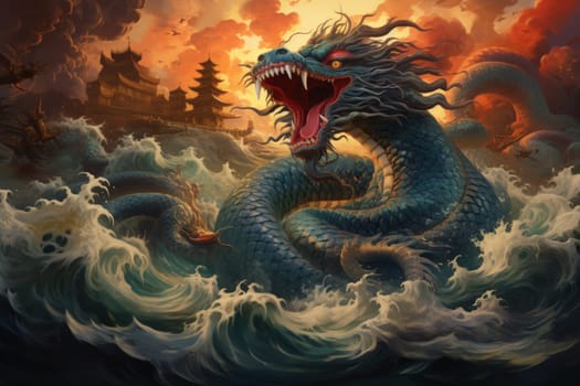 Dive into a fantastical realm where gigantic sea serpents, with their immense coils, slither through treacherous waters.