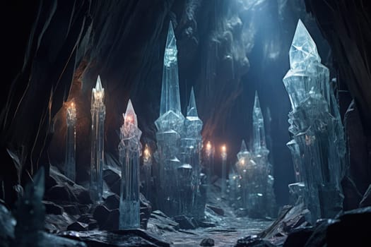 Deep within the realms of fantasy, mysterious icy caves hold untold treasures, guarded by glistening crystal golems.