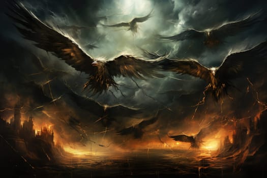 In the realm of fantasy, the skies are home to ferocious thunder hawks, majestic creatures that command the elements.
