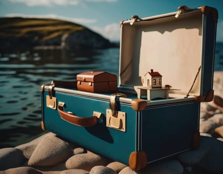 Suitcase with a house inside. Travel concept. AI illustration.