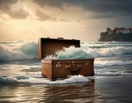 Concept, illustration. Suitcase on the shore. Generation of AI.