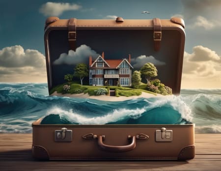 Suitcase with a house inside. Travel concept. AI illustration.